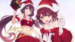  2girls ahoge atelier_(series) atelier_sophie bangs braid breasts brown_eyes choker christmas cleavage detached_sleeves gift gloves hat holding holding_gift holding_sack large_breasts long_hair looking_at_viewer medium_breasts merry_christmas multiple_girls noco_(adamas) purple_hair ramizel_erlenmeyer red_choker red_gloves red_hair red_skirt red_tube_top sack santa_costume santa_gloves santa_hat short_hair side_braid skirt snowing sophie_neuenmuller strapless tube_top very_long_hair 