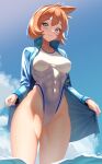  1girl aqua_eyes blue_jacket blue_sky breasts closed_mouth cloud competition_swimsuit covered_navel day highleg highleg_swimsuit highres jacket looking_at_viewer medium_breasts misty_(pokemon) ocean one-piece_swimsuit open_clothes open_jacket orange_hair outdoors partially_submerged pokemon pokemon_(game) pokemon_hgss sky smile solo swimsuit thighs volyz white_one-piece_swimsuit 