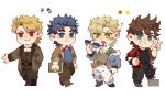  4boys adapted_costume ascot asymmetrical_legwear battle_tendency belt blonde_hair blue_eyes blue_hair book brown_hair caesar_anthonio_zeppeli candy chibi chocolate chocolate_bar cup dio_brando drinking_glass facial_mark fang feather_hair_ornament feathers flannel flower food green_eyes hair_ornament highres holding holding_eyewear jacket jojo_no_kimyou_na_bouken male_focus multiple_boys pants pants_rolled_up phantom_blood red_eyes red_jacket star_(symbol) sunflower triangle_print v wine_glass zhoujo51 
