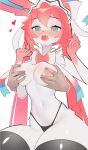  2023 absurd_res anthro anthro_focus anthrofied areola blue_eyes blush bodily_fluids breast_grab breast_play breasts clothed clothing digital_media_(artwork) disembodied_hand duo eeveelution embarrassed female female_anthro female_focus fur g-string generation_6_pokemon hair hand_on_breast hi_res kemono legwear long_hair medium_breasts nintendo nipples open_mouth pink_areola pink_body pink_fur pink_hair pink_nipples pokemon pokemon_(species) pokemorph re1akko saliva simple_background solo_focus sweat sylveon thigh_highs topless topless_anthro topless_female underwear 