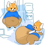  2023 aggretsuko ailurid anthro belly big_belly big_breasts bloated blush breasts brocolee clothed clothing computer english_text eyes_closed female hand_on_stomach huge_belly hyper hyper_belly ill-fitting_clothes laptop mammal navel obese obese_anthro obese_female open_mouth overweight overweight_anthro overweight_female red_panda retsuko rumbling_stomach sanrio sitting solo text water_cooler 