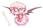  1girl ascot bat_wings blue_hair blush chibi commentary_request hair_between_eyes hat medium_hair mob_cap open_mouth pink_headwear pink_shirt pink_skirt puffy_short_sleeves puffy_sleeves red_ascot red_eyes red_wristband remilia_scarlet shirt short_sleeves simple_background skirt solo taiga_mahoukan touhou white_background wings 