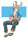  aloha_shirt anthro antlers blue_eyes bottomwear brown_body brown_fur capreoline clothing deer fluffy_chest footwear fur harukaze110 hi_res horn lifewonders male mammal pants pattern_clothing pattern_shirt pattern_topwear reindeer sandals shirt solo tokyo_afterschool_summoners topwear youl 