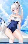  1girl bag bare_shoulders black_bow blue_archive blue_one-piece_swimsuit blue_sky bow breasts cloud collarbone commentary_request covered_navel day frilled_one-piece_swimsuit frills grey_hair hair_bow halo hand_up head_tilt highres horizon katsushika_pachi long_hair looking_at_viewer miyako_(blue_archive) miyako_(swimsuit)_(blue_archive) ocean off-shoulder_one-piece_swimsuit off_shoulder official_alternate_costume one-piece_swimsuit outdoors parted_lips ponytail purple_eyes sitting sky small_breasts soaking_feet solo swimsuit transparent very_long_hair water 