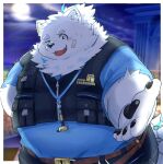  2023 anthro band-aid bandage black_nose bottomwear canid canine canis clothing detailed_background domestic_dog fur hi_res kemono lifewonders live_a_hero male mammal moon night one_eye_closed outside overweight overweight_male pants shirt solo topwear white_body white_fur wink yamacon0105 yohack 