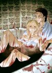  1boy 1other androgynous bare_shoulders bath bath_of_blood bathtub black_hair blonde_hair blood blood_on_body blood_on_clothes blood_on_face chinyu11988612 chrollo_lucilfer collarbone cross_tattoo crystal_earrings dress earrings facial_mark facial_tattoo forehead_mark forehead_tattoo hair_slicked_back highres hunter_x_hunter indoors jewelry kurapika off_shoulder pool_of_blood shirt short_hair sundress tattoo white_dress white_shirt 