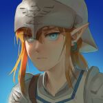  1boy armor blonde_hair blue_background gradient_background green_eyes hair_between_eyes helmet highres link long_hair male_focus pointy_ears psp26958748 shoulder_plates soldier&#039;s_set_(zelda) solo the_legend_of_zelda the_legend_of_zelda:_breath_of_the_wild tunic 