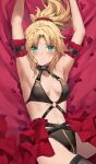  1girl arm_garter armpits arms_up bare_shoulders black_bra black_panties blonde_hair bra breasts fate/apocrypha fate_(series) green_eyes highres long_hair looking_at_viewer mordred_(fate) mordred_(fate/apocrypha) navel o-ring panties parted_bangs ponytail sidelocks small_breasts solo tonee underwear 