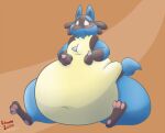  3_toes ambiguous_gender anthro belly big_belly big_butt blue_body blue_fur blush bottom_heavy butt canid chest_spike chubby_cheeks feet fur generation_4_pokemon jacfox kitsunezero love_handles lucario mammal nintendo obese overweight pawpads pokemon pokemon_(species) simple_background solo spikes spikes_(anatomy) tan_belly thick_thighs toes 
