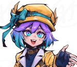  1girl :d black_bodysuit black_gloves blush bodysuit bow brown_choker choker fingerless_gloves gloves green_bow green_eyes green_hair hair_between_eyes hat hat_bow jacket league_of_legends lux_(league_of_legends) open_clothes open_jacket open_mouth phantom_ix_row pink_hair simple_background smile solo soul_fighter_lux teeth upper_body white_background yellow_headwear yellow_jacket 