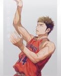  1boy basketball_jersey basketball_uniform bishounen black_eyes brown_hair grey_background korean_text looking_at_another male_focus mitsui_hisashi og_man open_mouth red_shorts red_tank_top sawakita_eiji shirt_tucked_in short_hair shorts slam_dunk_(series) solo sportswear sweat tank_top toned toned_male translation_request upper_body very_sweaty 