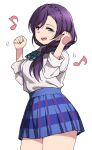  1girl blue_skirt bow bowtie braid checkered_clothes checkered_skirt clenched_hand cowboy_shot dancing duke_(inu_daimyou) green_bow green_bowtie green_eyes hands_up long_hair long_sleeves looking_at_viewer love_live! love_live!_school_idol_project musical_note official_alternate_hairstyle open_mouth purple_hair shirt sidelocks skirt smile solo teeth thighs toujou_nozomi upper_teeth_only white_background white_shirt 