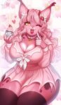  5_fingers anthro clothed clothing cupcake felid feline female fingers food fur hair hi_res holding_cupcake holding_food holding_object lynx mammal one_eye_closed open_mouth open_smile pink_body pink_clothing pink_fur pink_hair plna pupils slit_pupils smile solo 