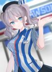  1girl absurdres beret blue_eyes breasts closed_mouth employee_uniform grey_hair hat highres kantai_collection kashima_(kancolle) large_breasts lawson long_hair name_tag shirt sidelocks smile solo striped striped_shirt twintails uniform vertical-striped_shirt vertical_stripes wavy_hair yoshino_(mfmfpng) 