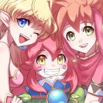  1boy 2girls :d ;d blonde_hair breasts brown_hair earrings green_eyes grin headband highres jewelry looking_at_viewer multiple_girls one_eye_closed pink_hair pink_headband popoi primm randi seiken_densetsu seiken_densetsu_2 sidelocks small_breasts smile upper_body usata yellow_eyes 