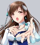  1girl blue_dress blush braid breasts brown_eyes brown_hair choker cleavage collarbone dot_nose dress earrings gen_(enji) grey_background hand_on_own_chest hands_up idolmaster idolmaster_cinderella_girls idolmaster_cinderella_girls_starlight_stage jewelry lace lace_choker long_hair long_sleeves looking_at_viewer medium_breasts necklace nitta_minami open_hand open_mouth reaching reaching_towards_viewer simple_background solo twin_braids twitter_username upper_body wing_hair_ornament 