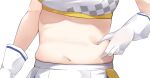  1girl belly_grab blue_archive breasts close-up commentary_request gloves highres kotori_(blue_archive) kotori_(cheer_squad)_(blue_archive) micchamu midriff millennium_cheerleader_outfit_(blue_archive) muffin_top navel pinching pleated_skirt simple_background skirt solo white_background white_gloves white_skirt 