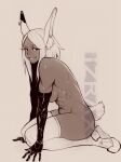  1girl abs animal_ear_fluff animal_ears artist_name boku_no_hero_academia breasts commentary dark-skinned_female dark_skin earrings english_commentary full_body highres izra jewelry large_breasts limited_palette long_eyelashes mechanical_arms mirko prosthesis prosthetic_arm rabbit_ears rabbit_girl rabbit_tail seiza sideboob single_earring sitting sketch smile solo tail toned watermark 