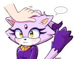  1girl animal_ears blaze_the_cat blush cat_ears cat_girl cat_tail ear_wiggle eyelashes forehead_jewel furry furry_female gold_necklace highres hobi_(4622j) jacket jewelry necklace petting purple_fur purple_jacket simple_background sonic_(series) sweatdrop tail white_background yellow_eyes 