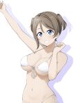  1girl arm_up barkhorn0331 bikini blue_eyes breasts brown_hair cleavage collarbone highres large_breasts looking_at_viewer love_live! love_live!_sunshine!! navel short_hair side-tie_bikini_bottom simple_background smile solo stomach swimsuit watanabe_you white_background white_bikini 