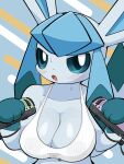 3:4 big_breasts blue_body blue_eyes blue_fur blush bodily_fluids breasts cleavage clothed clothing controller eeveelution female fur game_controller generation_4_pokemon glaceon hi_res joycon_controller nintendo nintendo_controller nintendo_switch pokemon pokemon_(species) sateco shirt solo sweat sweatdrop tank_top topwear white_clothing white_shirt white_tank_top white_topwear 
