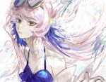 1girl arknights blue_dress blue_hair breasts ceylon_(arknights) ceylon_(holiday)_(arknights) cleavage dress eyewear_on_head feather_hair floating_hair halterneck highres looking_at_viewer multicolored_hair official_alternate_costume pink_hair qianzhu sketch sleeveless sleeveless_dress small_breasts solo sunglasses two-tone_hair upper_body yellow_eyes 