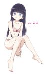  1girl absurdres black_hair blue_eyes blunt_bangs blush bra breasts character_name cleavage closed_mouth collarbone feet full_body gokou_ruri hamao highres long_hair looking_at_viewer mole mole_under_eye ore_no_imouto_ga_konna_ni_kawaii_wake_ga_nai panties pink_bra pink_panties simple_background sitting small_breasts solo straight_hair translation_request underwear white_background 