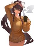  1girl absurdres bow brown_hair cable_knit cup distr doki_doki_literature_club green_eyes hair_bow hair_ribbon highres holding holding_cup long_hair long_sleeves looking_at_viewer monika_(doki_doki_literature_club) off-shoulder_sweater off_shoulder one_eye_closed ponytail ribbon sidelocks simple_background smile solo steam sweater very_long_hair white_background white_bow white_ribbon yellow_sweater 