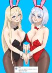  2girls absurdres alternate_costume animal_ears azur_lane bismarck_(azur_lane) black_leotard blonde_hair blue_background blue_eyes blush breast_press breasts brown_pantyhose commission fake_animal_ears highres korean_text large_breasts leotard long_hair multiple_girls noizel pantyhose playboy_bunny red_leotard short_hair smile standing tirpitz_(azur_lane) 