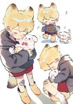  1boy animal_ears bandaid bandaid_on_cheek bandaid_on_face bandaid_on_leg blonde_hair boots bow bowtie child closed_eyes commentary_request dog extra_ears face-to-face falling_leaves fox_boy fox_ears fox_tail highres hood hooded_jacket hug jacket kemonomimi_mode leaf leash male_child male_focus open_mouth original paki2000 puppy red_shorts shorts tail yellow_footwear yellow_fur 