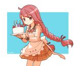  1girl absurdres ahoge apron back_bow blue_background bow bowtie braid cake candle cowboy_shot food frilled_apron frills fruit hair_ribbon highres himuro_rabi holding holding_plate iwakiriyama_high_school_uniform jewelry lit_candle long_sleeves looking_at_viewer low-braided_long_hair low_twin_braids magia_record:_mahou_shoujo_madoka_magica_gaiden mahou_shoujo_madoka_magica maid_apron miniskirt orange_bow orange_bowtie orange_shirt orange_skirt pink_hair plaid plaid_bow plaid_bowtie plaid_skirt plate pleated_skirt red_ribbon ribbon ring rioran satomi_nayuta school_uniform shirt sidelocks skirt smile solo strawberry swept_bangs twin_braids twitter_username white_apron white_bow wing_collar yakumo_mikage 