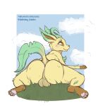  ass_up balls big_butt butt butt_view cementcookiecreates eeveelution feral generation_4_pokemon genitals grass hi_res leaf_tail leafeon looking_at_viewer lying male nintendo on_front outside pawpads paws penis plant pokemon pokemon_(species) solo suggestive_look tail 