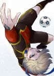  1boy ball black_shirt black_shorts black_socks blonde_hair blue_eyes blue_hair blue_lock clenched_teeth gradient_hair hand_tattoo highres long_hair long_sleeves looking_at_viewer male_focus michael_kaiser mihotasu multicolored_hair neck_tattoo red_shirt shirt shorts slit_pupils soccer_ball socks solo tattoo teeth two-tone_hair two-tone_shirt upside-down v-shaped_eyebrows white_background 