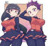  2girls ace_trainer_(pokemon) ace_trainer_(pokemon)_(cosplay) black_hair blunt_bangs blush breasts chichibu_(watson) closed_mouth collared_shirt commentary_request cosplay covered_nipples eyelashes frown highres janine_(pokemon) looking_down multiple_girls open_mouth orange_vest panties pantyhose pleated_skirt pokemon pokemon_(game) pokemon_bw pokemon_frlg pokemon_hgss purple_eyes purple_hair red_eyes sabrina_(pokemon) shirt signature skirt split_mouth underwear vest 