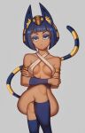  1girl :&lt; animal_crossing animal_ear_fluff animal_ears ankha_(animal_crossing) armlet bare_shoulders black_nails blue_eyes blue_eyeshadow blue_hair blue_socks blunt_bangs breasts breasts_apart cat_ears cat_girl cat_tail collarbone commentary criss-cross_halter crossed_arms crossed_legs dark-skinned_female dark_skin eyeshadow fellming grey_background halterneck highres humanization kneehighs looking_at_viewer makeup medium_breasts nail_polish short_hair simple_background sitting socks solo striped_tail tail 