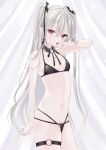  1girl absurdres bare_shoulders bikini black_bikini black_ribbon blood fang grey_hair hair_ornament highres micro_bikini murur_(matsumikoru) navel neck_ribbon original pointy_ears red_eyes ribbon swimsuit thigh_strap twintails 