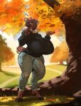  2023 anthro autumn autumn_leaves big_breasts big_bulge boosterpang bottomwear breasts bulge clothed clothing day deer denim denim_clothing detailed_bulge eyewear fluffy fluffy_tail glasses gynomorph hi_res hooves huge_breasts hyper hyper_breasts intersex jeans male_(lore) mammal outside pants park plant pose solo sommar standing sweater tail topwear torn_clothing tree 