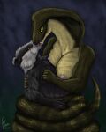  absurd_res anthro badger black_and_white_fur breasts brown_eyes chubby_male coiling duo fangs female fur godret&#039;nu_(uncrom) green_eyes hi_res ivan_(uncrom) kissing male male/female mammal mustelid musteline neck_bulge nipples reptile scales scalie simple_background snake teeth uncrom yenocwolf 