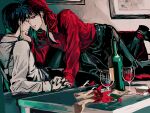  2boys alcohol black_eyes black_hair black_nails black_pants bottle cigarette cigarette_pack closed_mouth collared_shirt commentary_request couch cup drinking_glass fingernails full_body hand_on_another&#039;s_chin highres holding_hands ichijou_seiya kaiji long_hair long_sleeves looking_at_another male_focus medium_bangs multiple_boys murakami_tamotsu painting_(object) pants red_eyes red_hair red_shirt shirt short_hair smile unknown03162 white_shirt wine wine_bottle wine_glass yaoi 