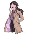  1girl alluka_zoldyck black_hair black_pants blue_eyes female_child hands_in_pockets highres hunter_x_hunter jacket long_hair long_jacket looking_at_viewer multi-tied_hair pants signature simple_background sleepnerusan smile vest 