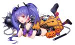 1girl bat_hair_ornament black_choker black_footwear black_gloves blunt_bangs bow character_request choker collarbone copyright_request earrings frilled_skirt frills gloves gomi_chihiro hair_ornament highres jack-o&#039;-lantern jack-o&#039;-lantern_ornament jewelry long_hair looking_at_viewer lying on_stomach one_eye_closed open_mouth orange_skirt pantyhose pink_eyes puffy_short_sleeves puffy_sleeves purple_bow purple_hair short_sleeves signature simple_background skirt solo star-shaped_pupils star_(symbol) striped striped_pantyhose stuffed_toy symbol-shaped_pupils twintails two-tone_shirt white_background 