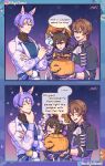  absurd_res ada_jokercat ambiguous_gender animal_humanoid canid canid_humanoid canine canine_humanoid clothed clothing comic dialogue eiden_(nu:_carnival) food fox_humanoid fruit garu_(nu:_carnival) group hi_res human humanoid jack-o&#039;-lantern jacket kuya_(nu:_carnival) mammal mammal_humanoid nu:_carnival plant pumpkin shirt speech_bubble topwear trio wolf_humanoid 