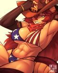  1girl abs absurdres american_flag_bikini armpits artist_name bikini breasts commentary cowboy_hat dragon_girl dragon_horns dragon_tail elbow_gloves english_commentary fingerless_gloves flag_print gloves grey_background hair_between_eyes hat highres horns immrskull large_breasts looking_at_viewer navel red_hair simple_background slit_pupils smirk solo swimsuit tail teeth vshojo watermark zentreya_(vtuber) zentreya_(vtuber)_(cowboy_bikini) zentreya_(vtuber)_(dragon) 