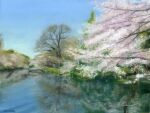  absurdres amima_amita bare_tree blue_sky cherry_blossoms day forest highres nature no_humans original painting_(medium) reflection reflective_water scenery sky traditional_media tree 