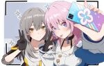  2girls 7neet :p absurdres black_choker black_gloves blush choker collarbone gloves grey_hair highres holding holding_phone honkai:_star_rail honkai_(series) march_7th_(honkai:_star_rail) multiple_girls phone pink_hair selfie smile star_(symbol) stelle_(honkai:_star_rail) tongue tongue_out trailblazer_(honkai:_star_rail) v 