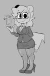  2023 absurd_res anthro big_breasts bottomwear breasts buxy clothed clothing digital_drawing_(artwork) digital_media_(artwork) female fur greyscale hair hi_res mammal monochrome nano_(buxy) rodent sciurid simple_background smile solo tail topwear tree_squirrel 