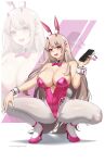  1girl animal_ears bare_shoulders blonde_hair blush bow bowtie breasts cleavage detached_collar fake_animal_ears goddess_of_victory:_nikke high_heels highres hioyami horns large_breasts leotard long_hair looking_at_viewer open_mouth pantyhose pink_eyes pink_horns pink_leotard playboy_bunny rabbit_ears smile solo squatting thighs viper_(nikke) viper_(toxic_rabbit)_(nikke) white_background white_pantyhose wrist_cuffs 