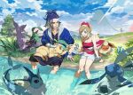  1boy 1girl adaman_(pokemon) blonde_hair blue_coat blue_hair breasts cleavage cloud coat collar commentary_request day espeon flareon glaceon grass hairband hand_wraps irida_(pokemon) knees leafeon long_hair on_lap open_mouth outdoors pokemon pokemon_(creature) pokemon_(game) pokemon_legends:_arceus pokemon_on_lap ponytail shirt shorts sitting sky smile soaking_feet strapless strapless_shirt umbreon vaporeon water white_shorts yinghuo 