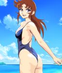  1970s_(style) 1girl :d ass bare_arms bare_shoulders blue_eyes blue_one-piece_swimsuit blue_sky breasts brown_hair cleavage cloud cowboy_shot day eyeshadow highres legs_together long_hair makeup maria_grace_fleed mazinger_(series) medium_breasts mizumori_keiichi ocean one-piece_swimsuit open_mouth outdoors purple_eyeshadow retro_artstyle sky smile solo standing swimsuit teeth ufo_robo_grendizer upper_teeth_only water 