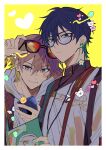  2boys aqua_eyes blue_hair blush book border bracelet caelus_(honkai:_star_rail) chinese_clothes closed_mouth dan_heng_(honkai:_star_rail) ear_piercing eyewear_on_head glasses grey_hair heart highres holding holding_book honkai:_star_rail honkai_(series) hood hood_down jewelry looking_at_viewer multiple_boys piercing smile sunglasses toramaru_(696anna) trailblazer_(honkai:_star_rail) white_border yellow_background yellow_eyes 